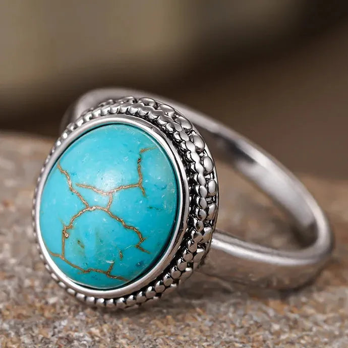 Vintage Silver Inlaid Synthetic Turquoise Oval Flower Ring Unisex Jewelry