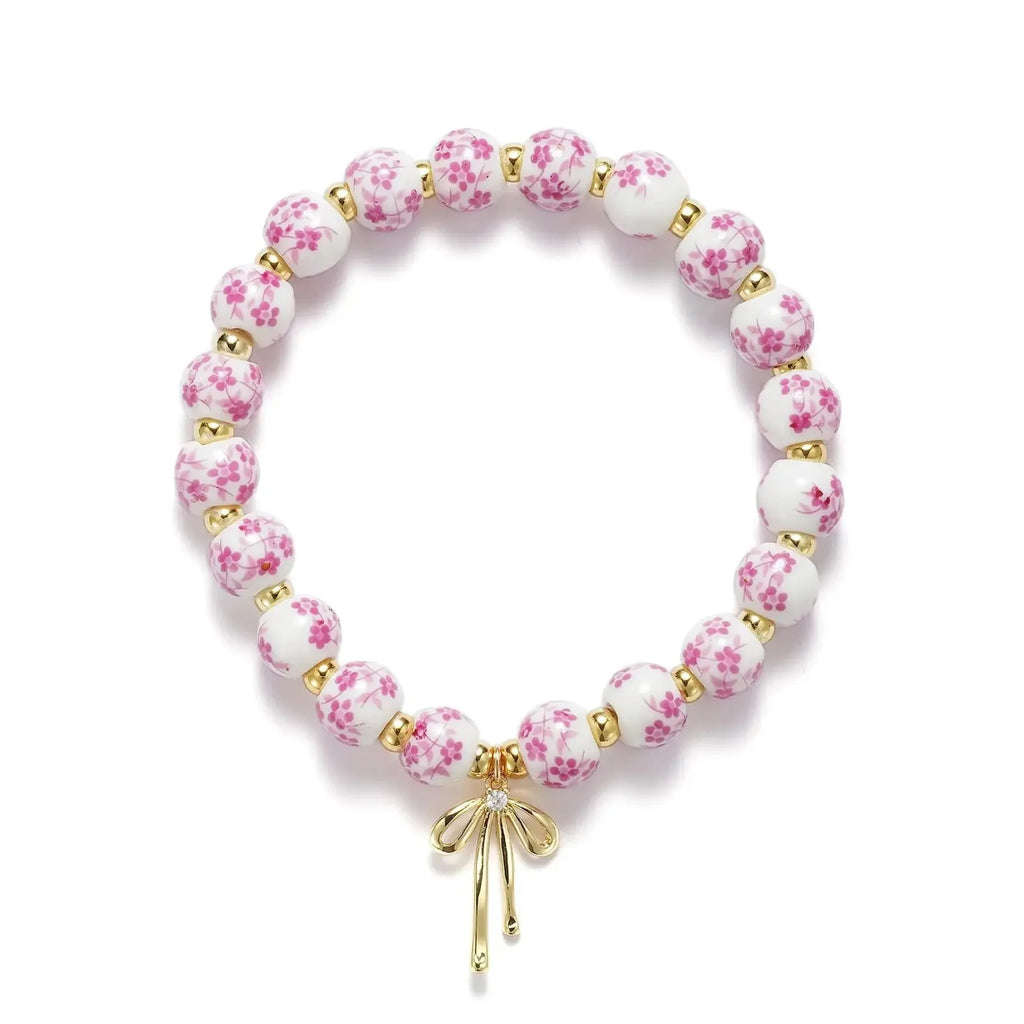Handmade Blue White Porcelain Beads Bracelet Bowknot Pendant Adjustable Elastic Bangle for Girls
