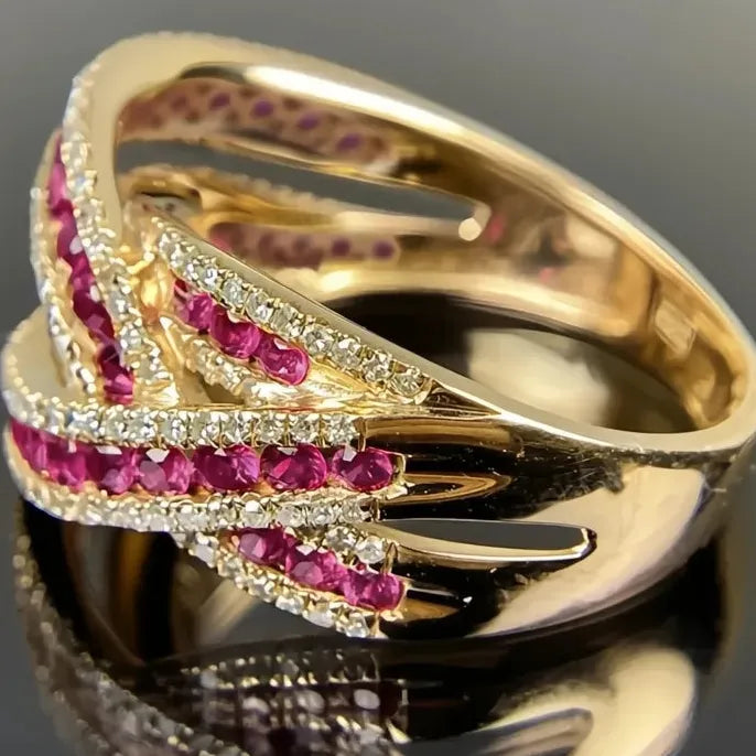 Gold Brass Geometric Cross Cocktail Ring with Cubic Zirconia for Women