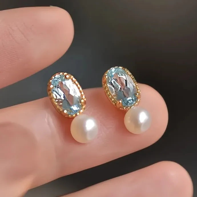 Women's Oval Blue CZ Drop Earrings with Imitation Pearl Copper Alloy Design