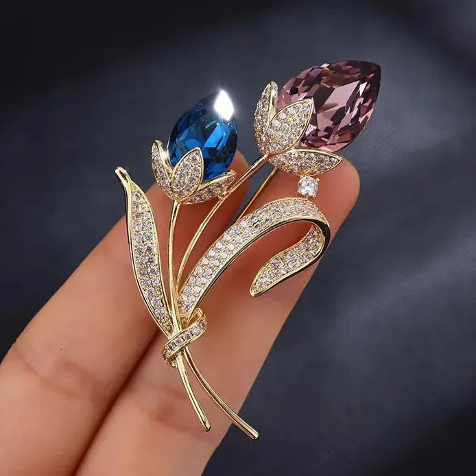 Ladies Retro Twin Flower Crystal Brooch Vintage Pin Accessory for Women