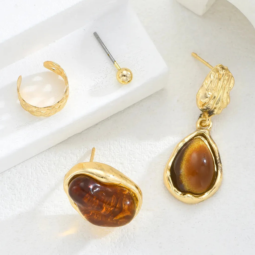 4Pc Vintage Brown Tiger Eye Stone C-Shaped Metal Ear Clip Earrings Set