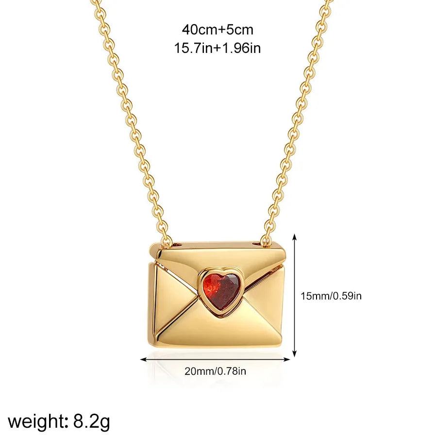 18K Gold Plated Stainless Steel Heart Envelope Pendant Necklace for Women Jewelry
