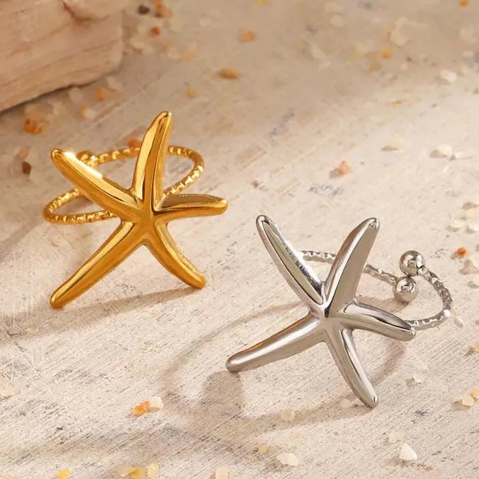 Adjustable Stainless Steel Gold Starfish Ring Vintage Beach Jewelry Women