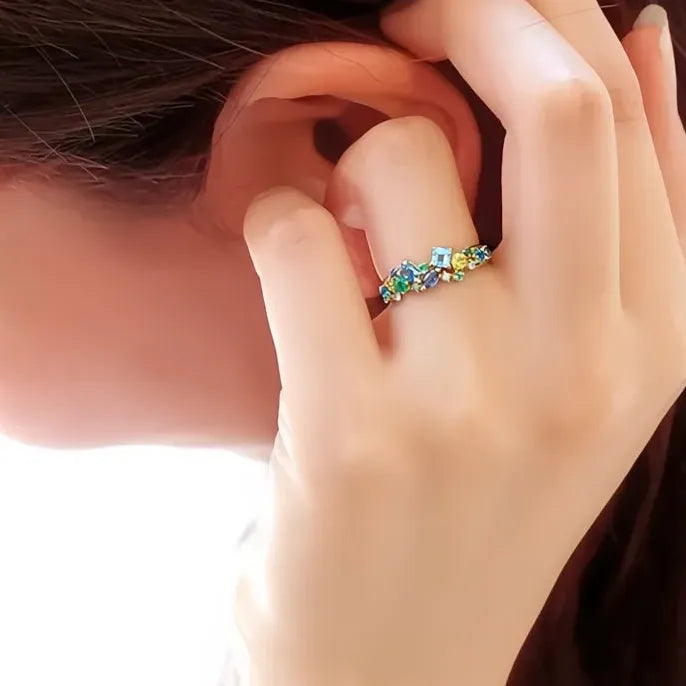 Modern Women's Brass Geometric Ring with Blue Green Cubic Zirconia Jewelry