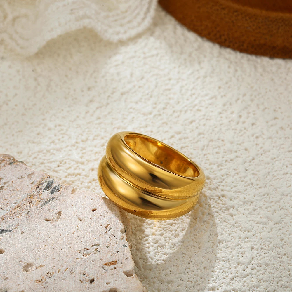 18K Gold Plated Stainless Steel Double-Layer Round Minimalist Ring for Women