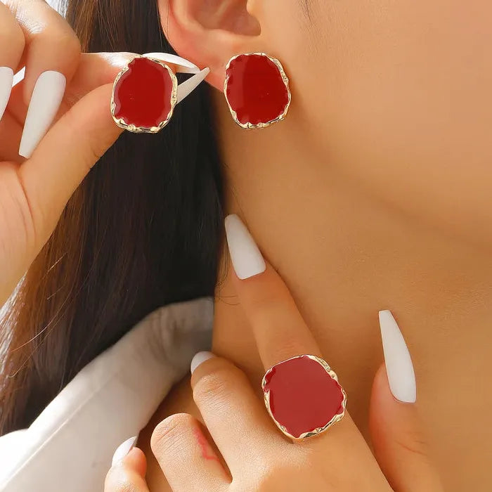 Vintage Coffee Irregular Geometric Stud Earrings and Rings Set Fashion Jewelry
