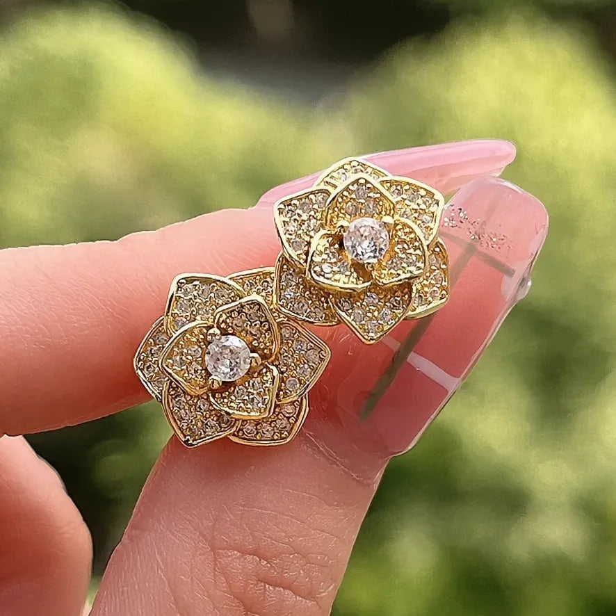 Geometric Flower Cubic Zirconia Stud Earrings Silver Gold Bridal Jewelry