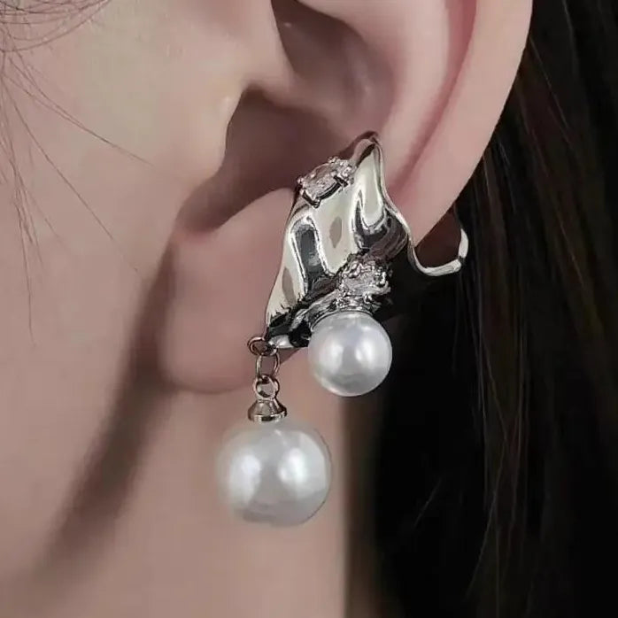 Vintage Pearl Zircon Geometric Clip-On Ear Cuffs Earrings for Women Stylish