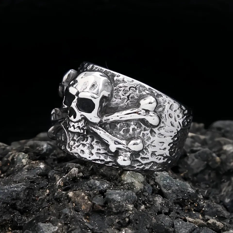 Punk Vintage Stainless Steel Pirate Skull Crossbones Ring for Men Boys Biker Hip Hop Jewelry Gift