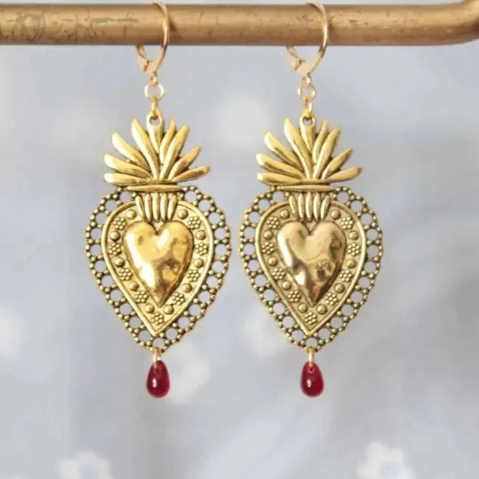 Vintage Sparkling Red Water Drop Pendant Earrings Zinc Alloy Sacred Heart Mom Gift