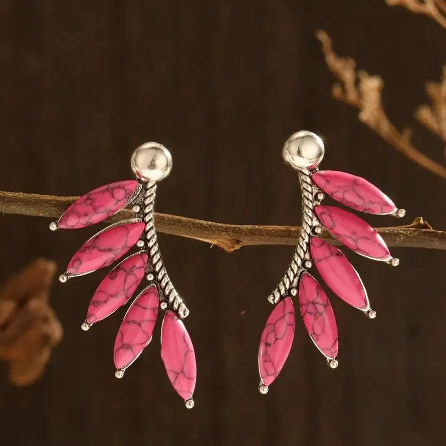 Vintage Tribal Ethnic Blue Rose Red Gemstone Zinc Alloy Earrings for Women