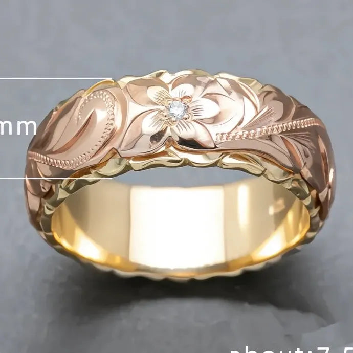 Two Tone CZ Flower Ring Brass Geometric Cocktail Party Jewelry Elegant