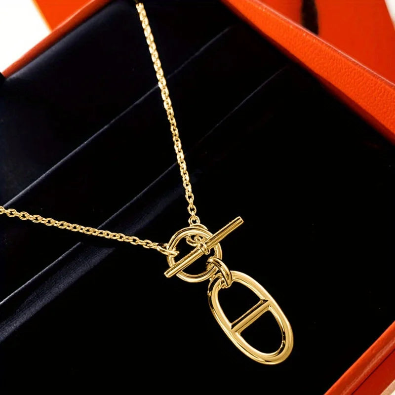 Minimalist OT Button Oval Pendant Necklace for Women's Holiday Parties, Weddings, Jewelry Gifts