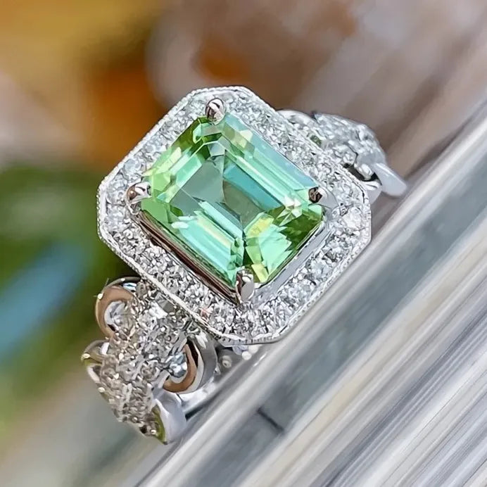 Green CZ Geometric Brass Ring for Women Wedding Party Jewelry Accessory