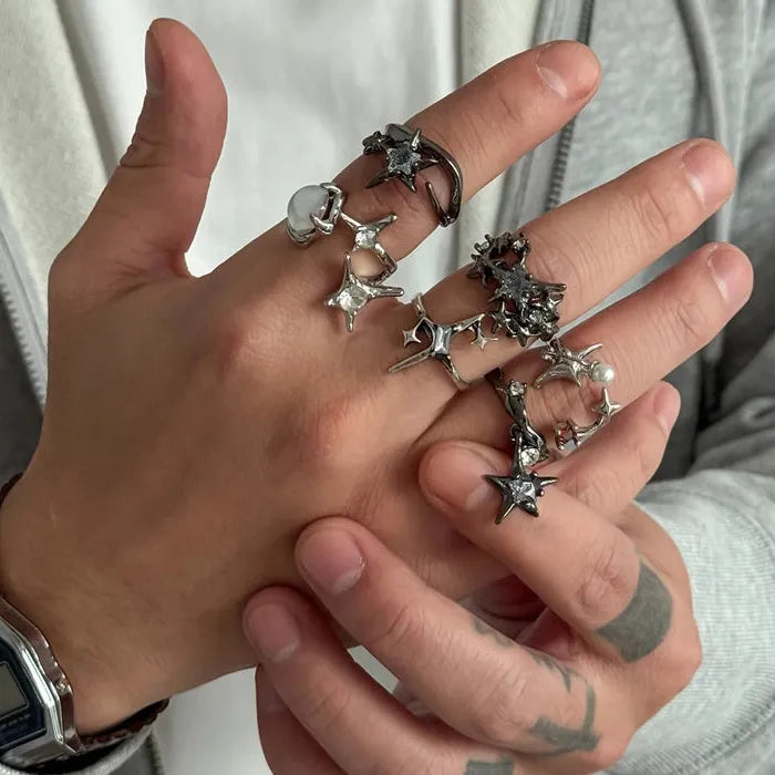 6Pcs Adjustable Metal Pentagram Star Rings Set Hip-Hop Punk Men Jewelry