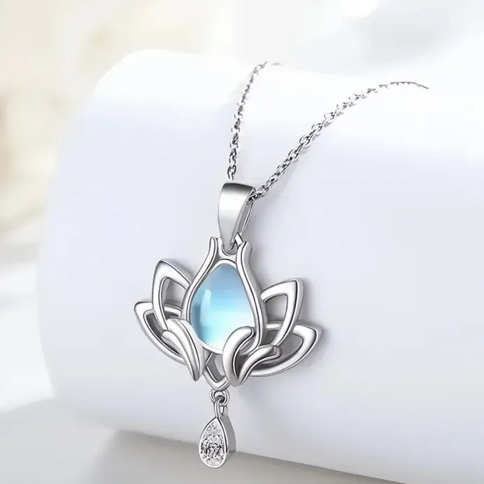 Lotus Pendant Necklace with Imitation Moonstone and Cubic Zirconia Charm