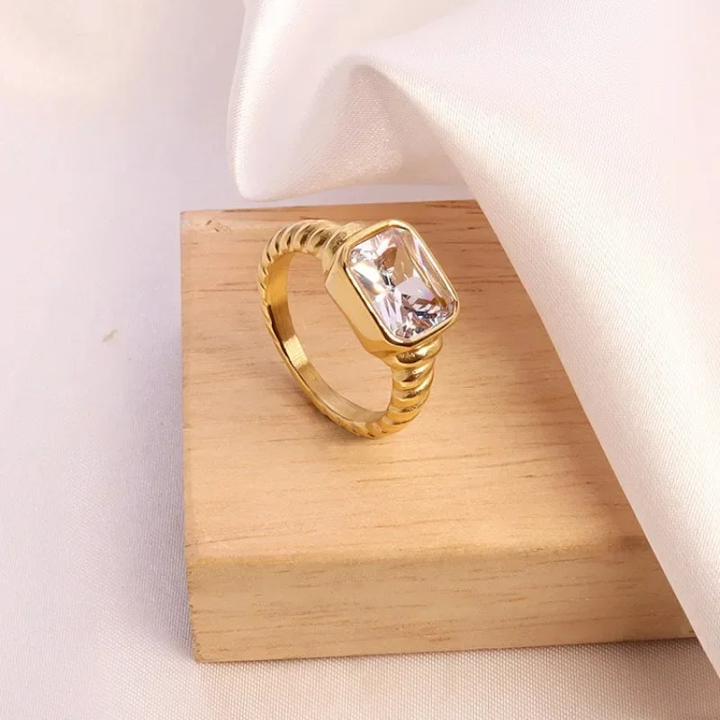 18K Gold Plated Stainless Steel Square Multi-Color Crystal CZ Chunky Ring