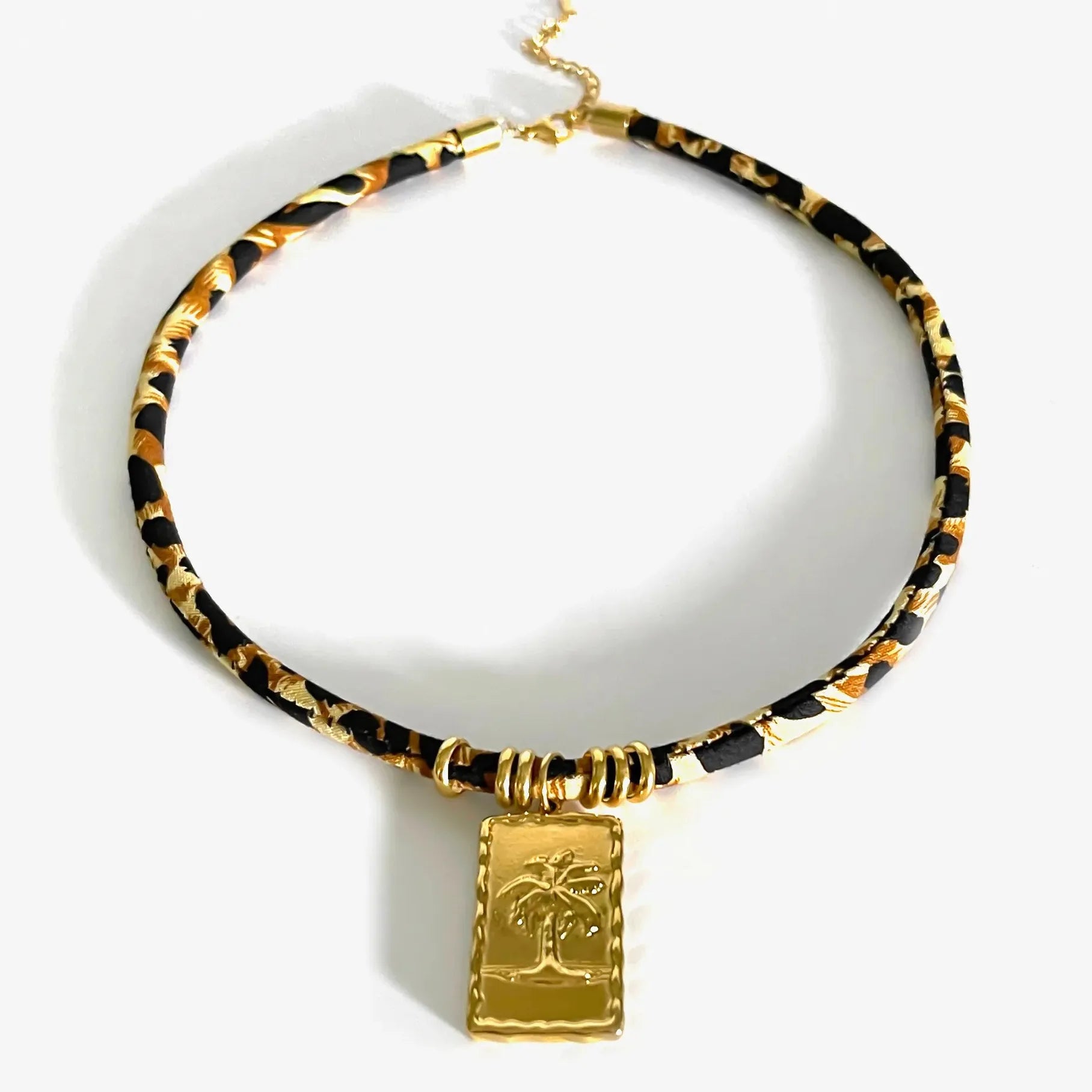 Adjustable Leopard Print Cord Necklace with Zinc Alloy Fish Bird Pendant Choker Gift