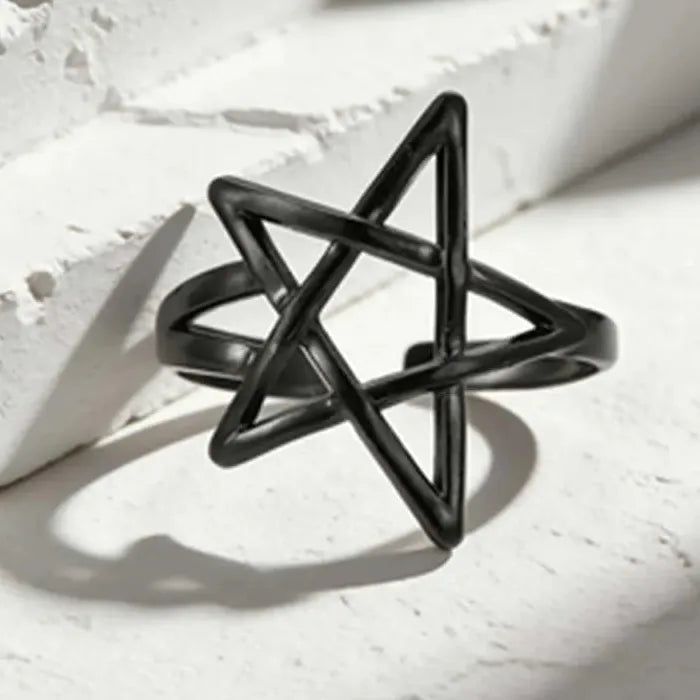 Adjustable Black Pentagram Star Ring Stainless Steel Fashion Jewelry Gift