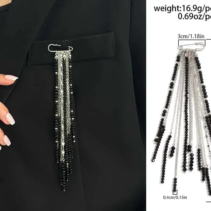 Geometric Black Crystal Long Tassel Zinc Alloy Brooch for Women