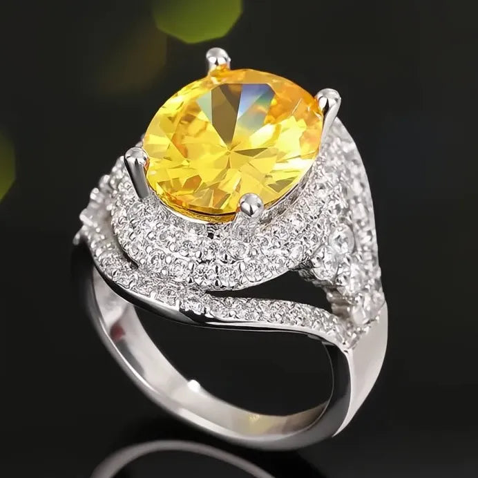 Luxury Yellow & White Oval Cubic Zirconia Cocktail Ring Jewelry