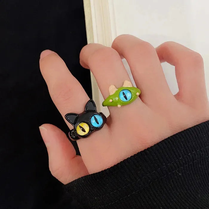 Black Cat Monster Ring Women Acrylic Big Eye Cartoon Couple Jewelry 2026 Trendy Accessory