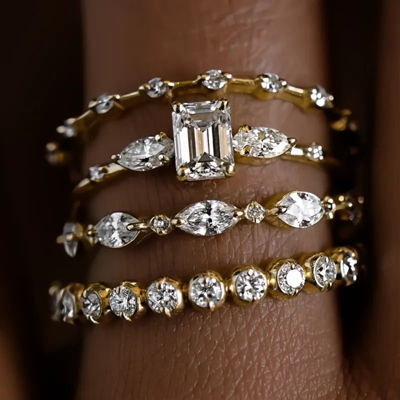 4Pcs Gold Color Cubic Zirconia Rings for Women Wedding Set Geometric Bridal Jewelry
