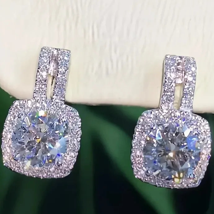 Silver Geometric CZ Stud Earrings Women Bling AAA Zirconia Jewelry Brass