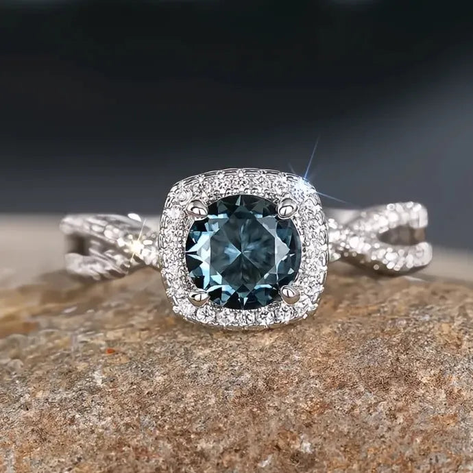 Women Silver Brass Ring with Blue CZ Cubic Zirconia for Party Wedding Jewelry