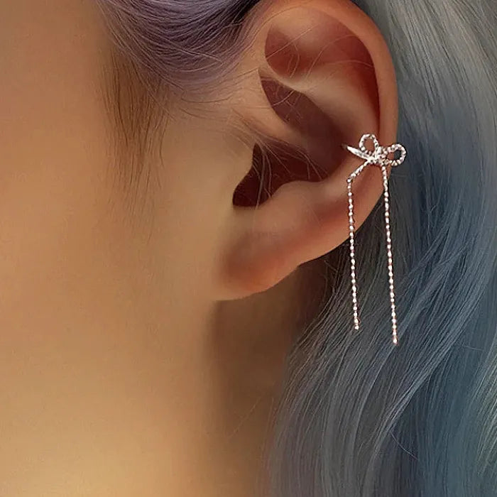 Vintage Silver Bow Zinc Alloy Clip-On Ear Cuff Earrings for Women