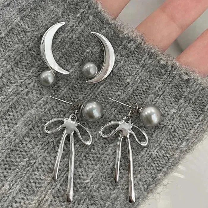 Moon Gray Pearl Stud Earrings Copper Moon Bowknot Jewelry Gift Women
