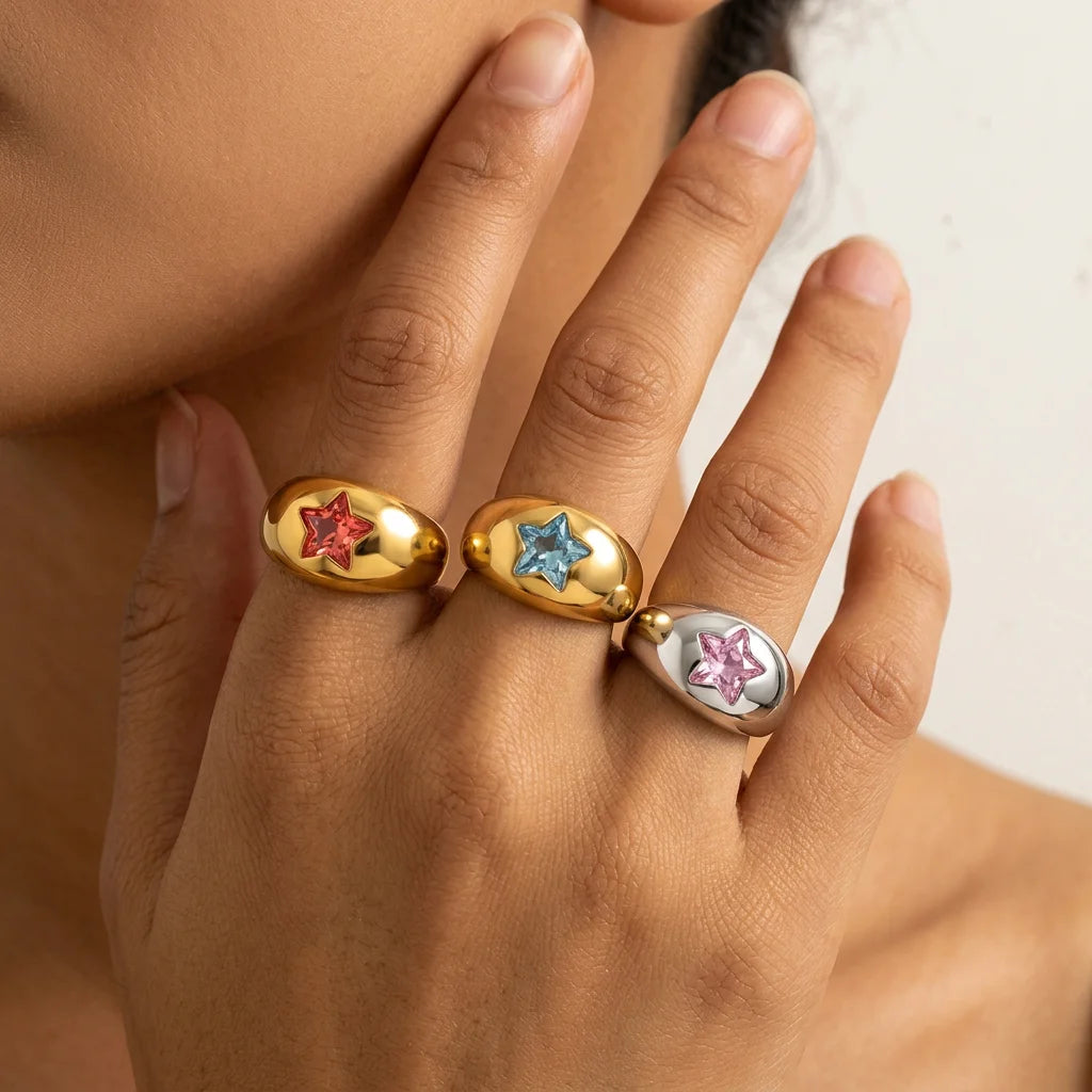 Chunky Dome Star Wedding Ring Stainless Steel CZ 18K Gold Plated Bridal Jewelry