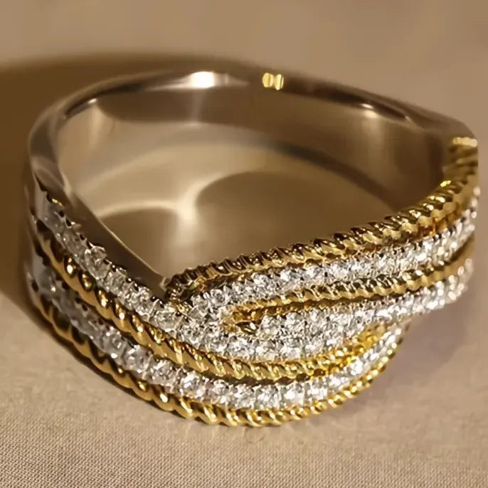 Two Tone Brass Geometric Cubic Zirconia Wedding Engagement Ring for Women
