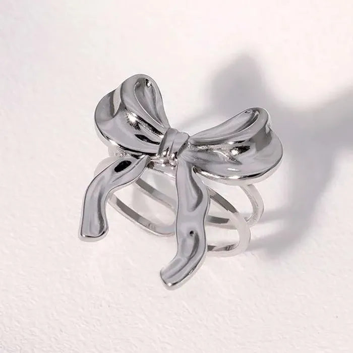 Adjustable Gold Color Stainless Steel Bowknot Ribbon Ring for Women Jewelry Gift