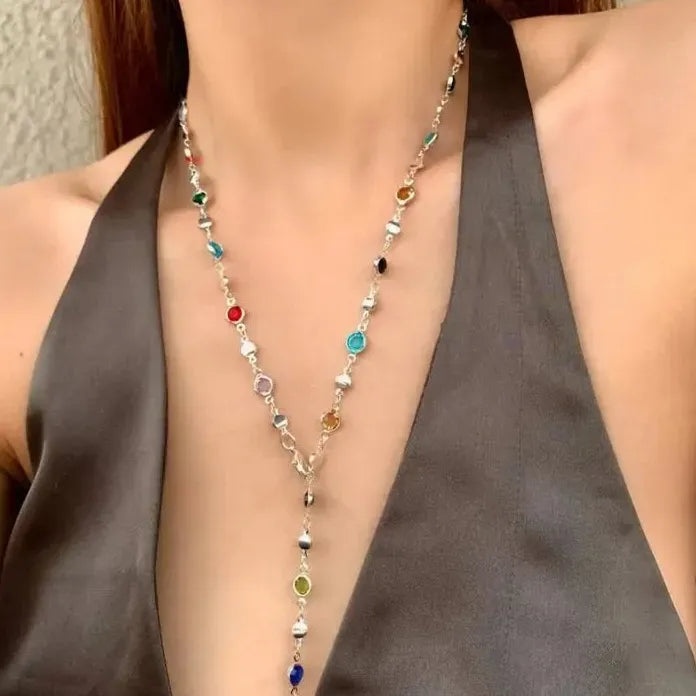 Colorful Crystal Y-Shaped Zinc Alloy Necklace Gold Silver Collarbone Chain