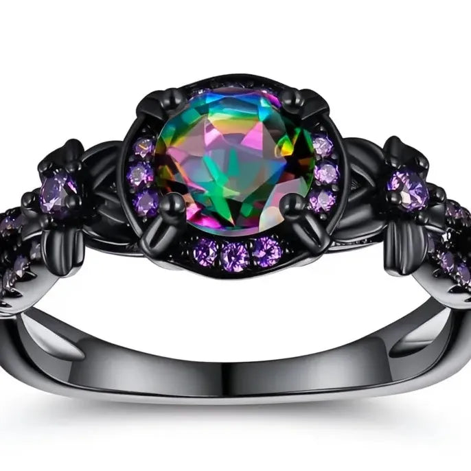 Black Brass Women’s Geometric Ring with Multicolored Cubic Zirconia Inlay