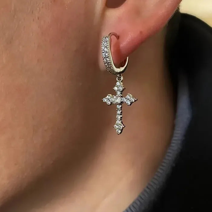 2Pcs Copper Cross Hoop Earrings for Men Women Rhinestone Jewelry