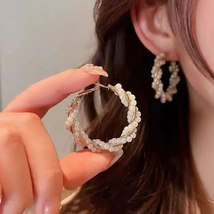 Korea Fashion Elegant Zinc Alloy Pearl Hoop Earrings for Women Gift