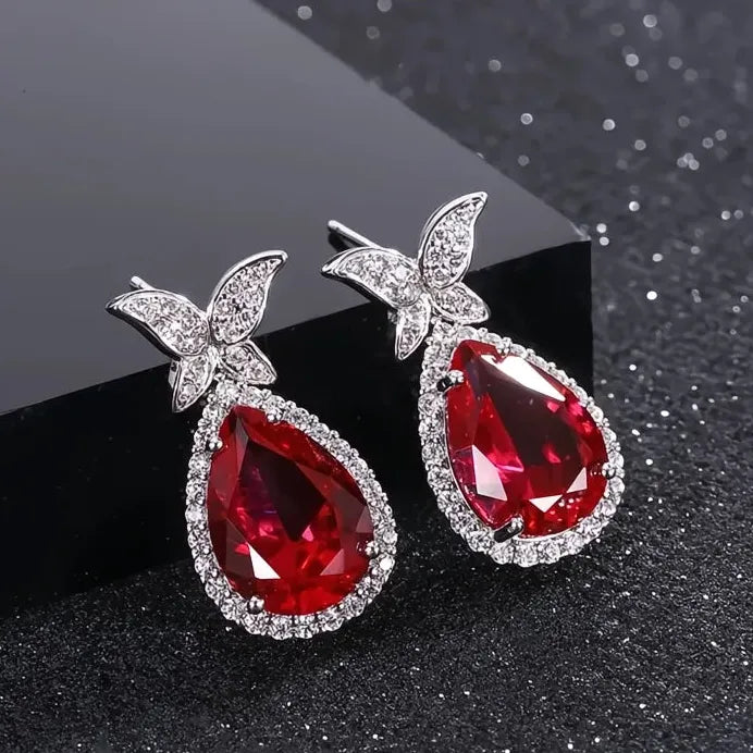 Pear Shaped Red Cubic Zirconia Geometric Butterfly Drop Earrings Women