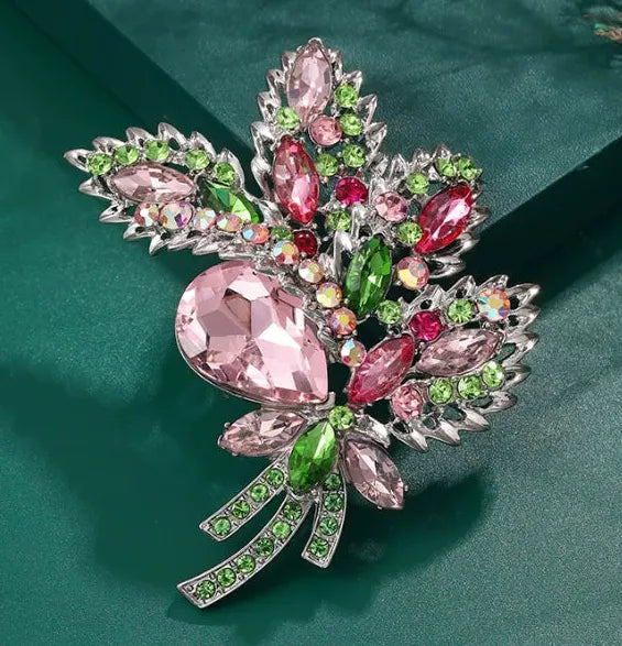 Vintage Brown Rhinestone Crystal Flower Leaf Brooch Pin Elegant Jewelry
