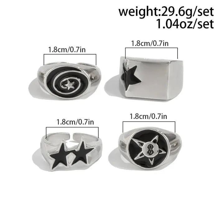6Pcs Adjustable Metal Pentagram Star Rings Set Hip-Hop Punk Men Jewelry