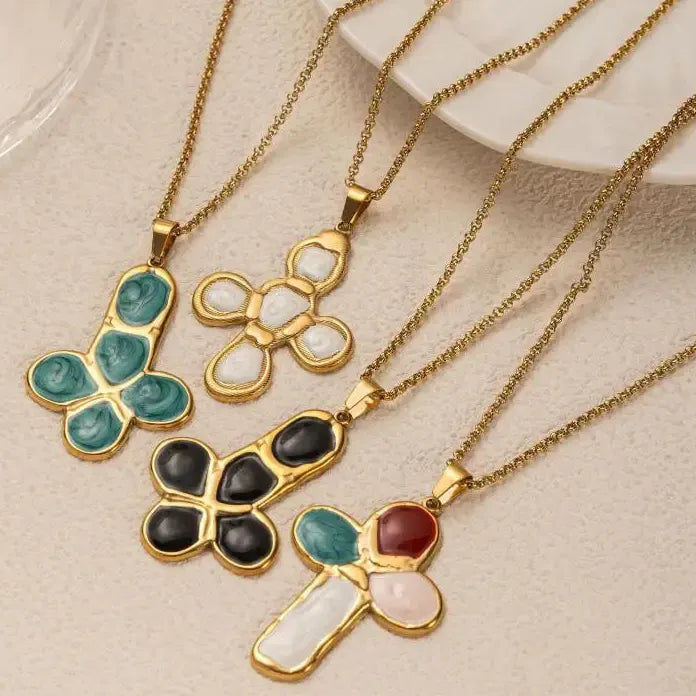 Stainless Steel Cross Pendant Necklace Men Women Colorful Stone Punk Hiphop Jewelry