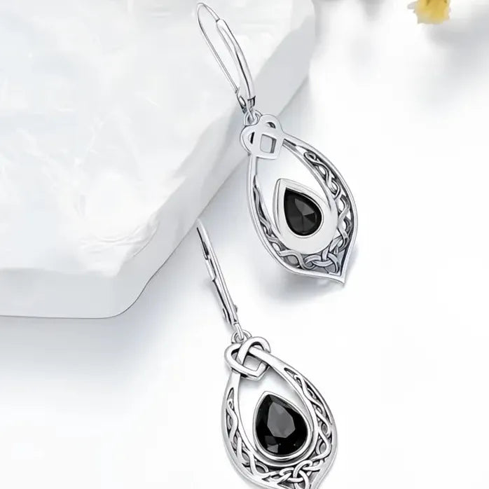 Elegant Women Silver Black Pear CZ Drop Earrings for Wedding Engagement