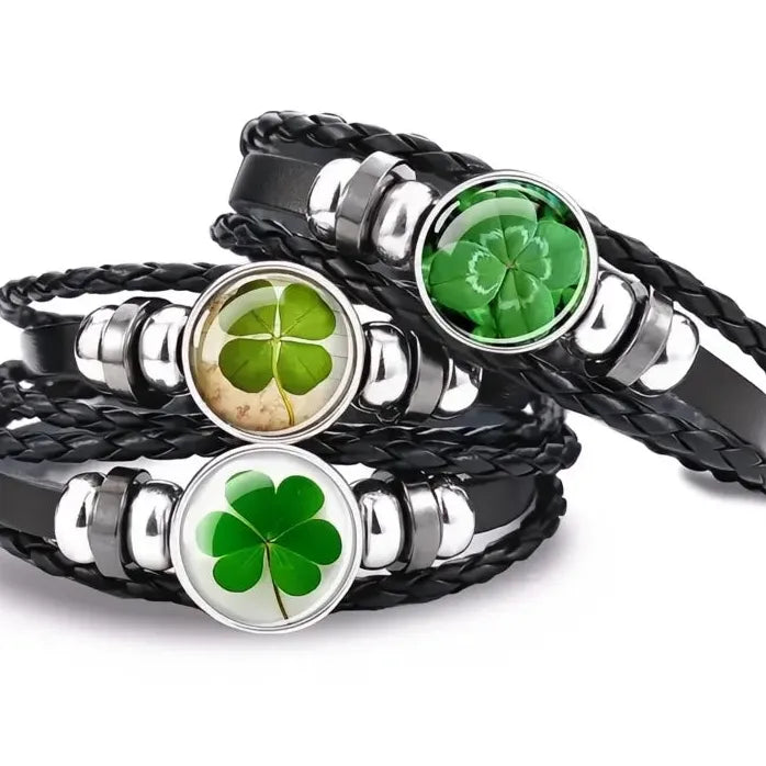 Adjustable Leather Bracelet with Lucky Clover Glass Snap Button Charm Unisex