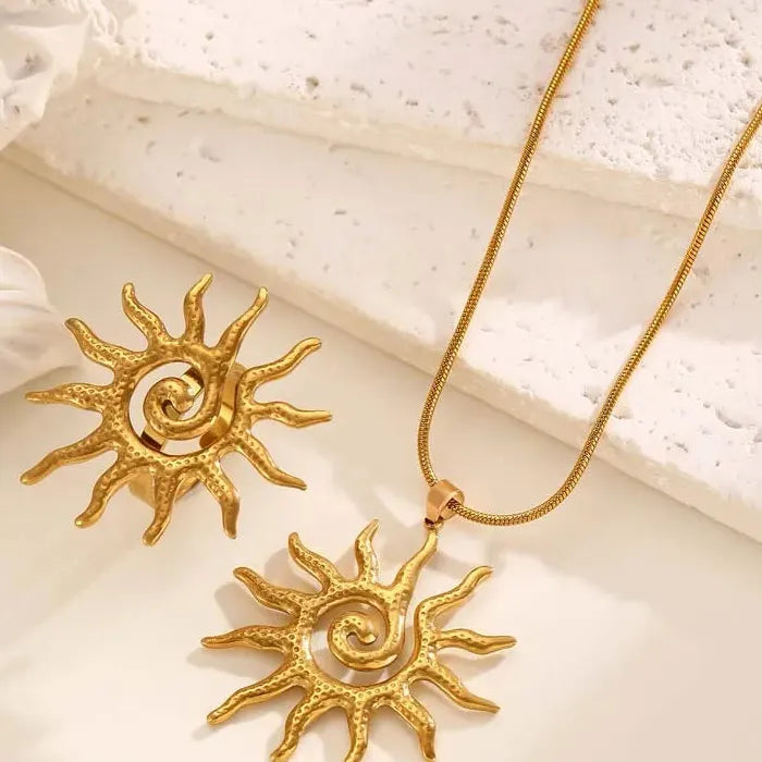 Stainless Steel Sun Pendant Necklace & Ring Set for Women Jewelry Gift