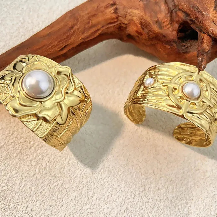 Imitation Pearl Wide Stainless Steel Open Cuff Bangle Bracelet Jewelry Party