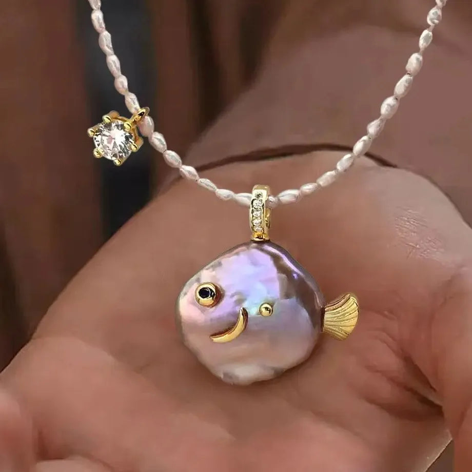 Geometric Irregular Freshwater Pearl Necklace Pink Fish Crab Pendant Choker Jewelry