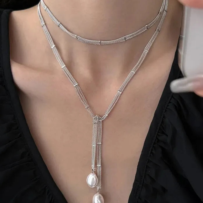 Light Luxury Silver Pearl Necklace Women Water Drop Pendant Extra-Long Chain Gift