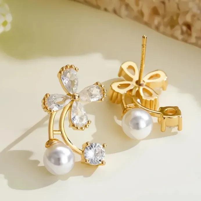 Simulated Pearl & Cubic Zirconia Crystal Flower Stud Earrings for Women